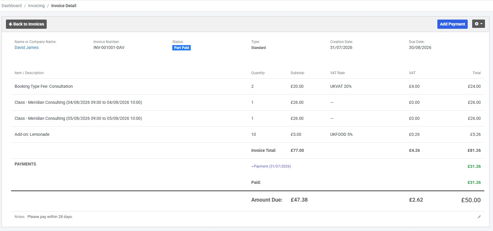 Invoice showing part-paid status with payment history and outstanding balance