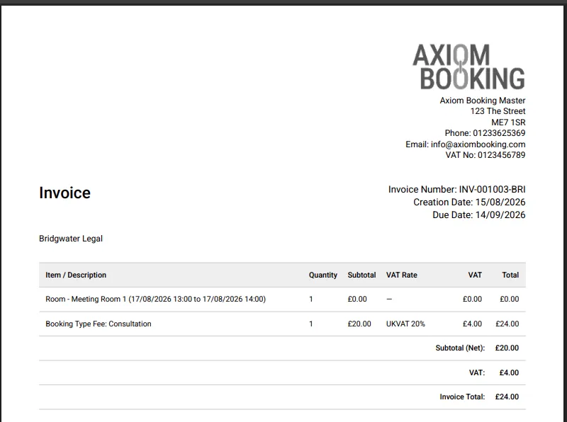 Client invoice detail showing line items, status, and payment breakdown