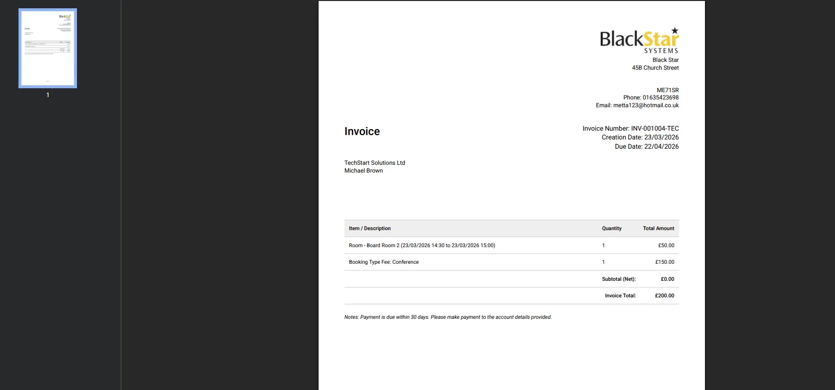 Client invoice detail showing line items, status, and payment breakdown
