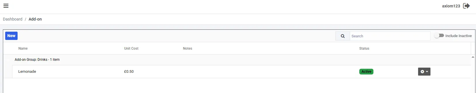Axiom add-on catalogue listing add-on groups with unit cost, notes and active status