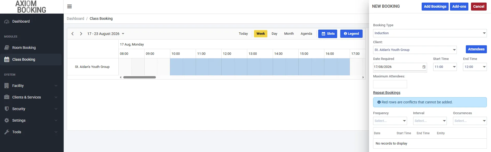 The Class Booking calendar in week view, with a New Booking panel open on the right showing Booking Type, Client, Date Required, Start and End Time, Maximum Attendees and a Repeat Bookings section.