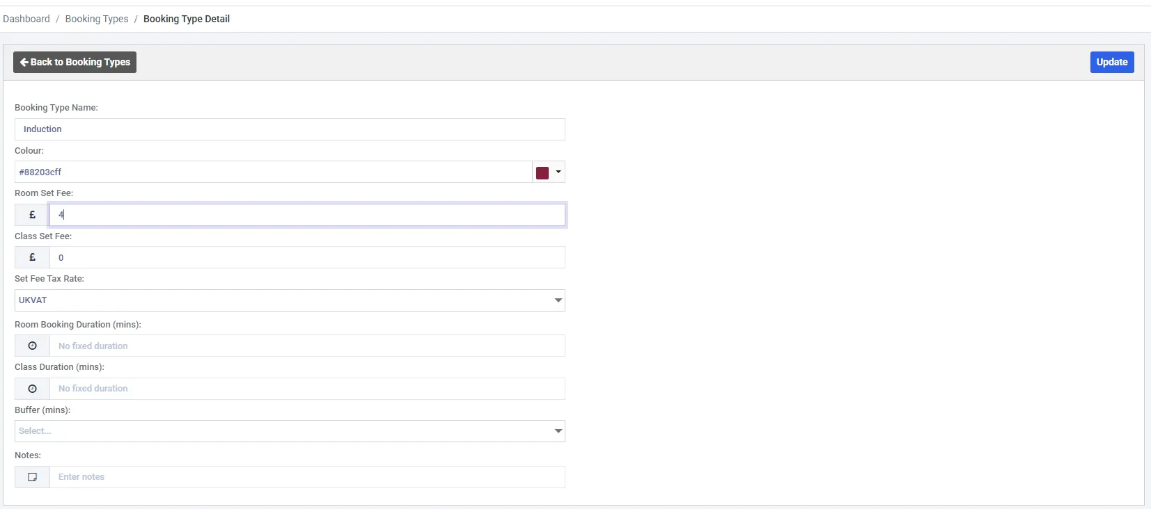 The Booking Type Detail form, with Booking Type Name, a Colour picker showing a hex value and swatch, Room Set Fee, Class Set Fee, Set Fee Tax Rate, two duration fields reading No fixed duration, Buffer and Notes.