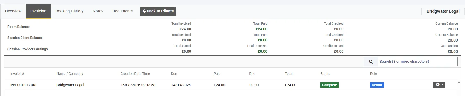 A client's Invoicing tab, with three balance rows above a list of invoices.