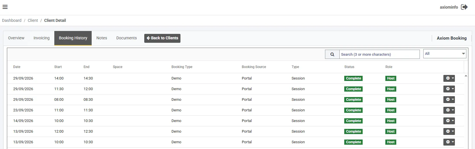 The Booking History tab, listing a client's bookings with their status and role.