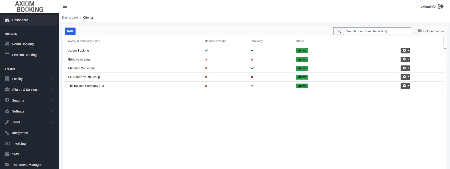 The client list, with each client's session provider, company and status columns.