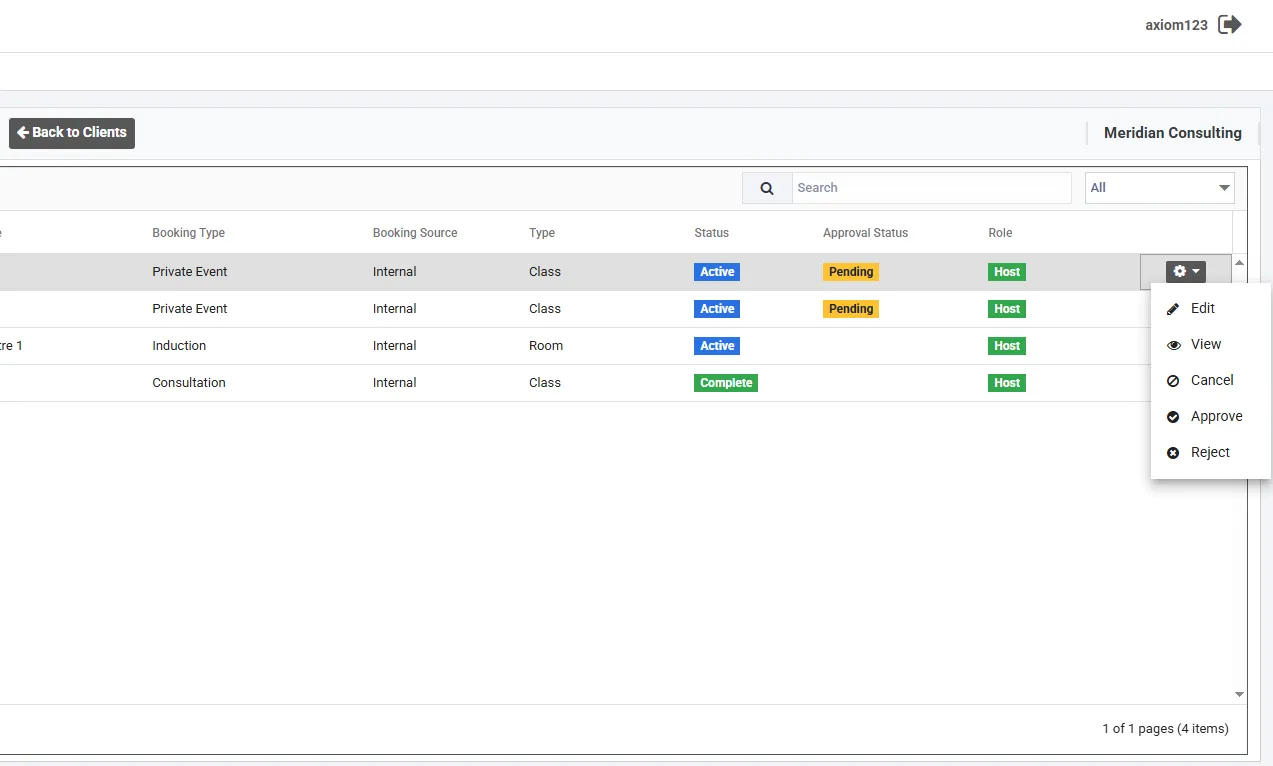 Pending approvals queue showing bookings awaiting review and approval