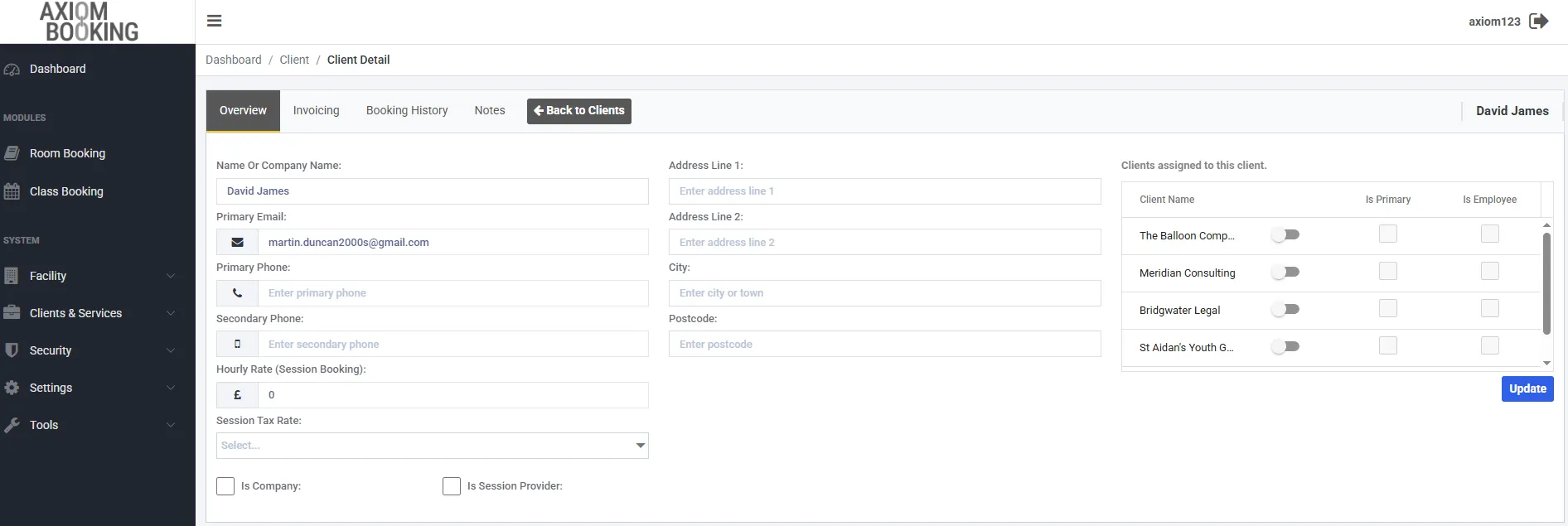 Axiom client management view showing client relationships and billing roles