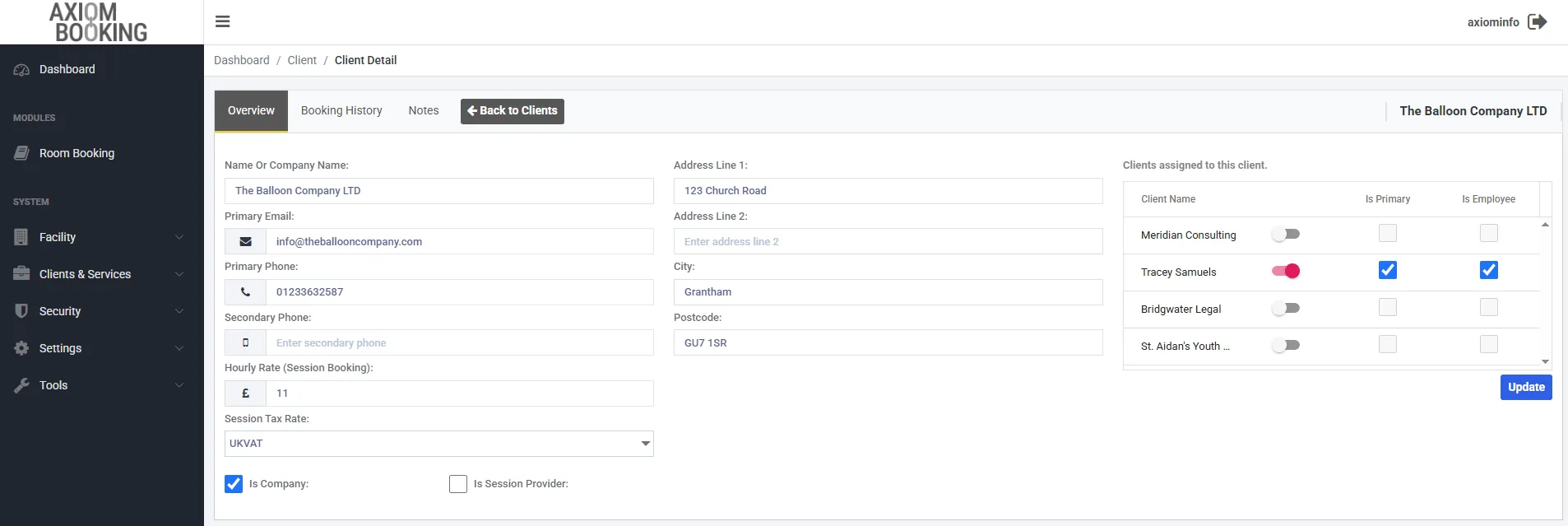 Axiom client management view showing client relationships and billing roles