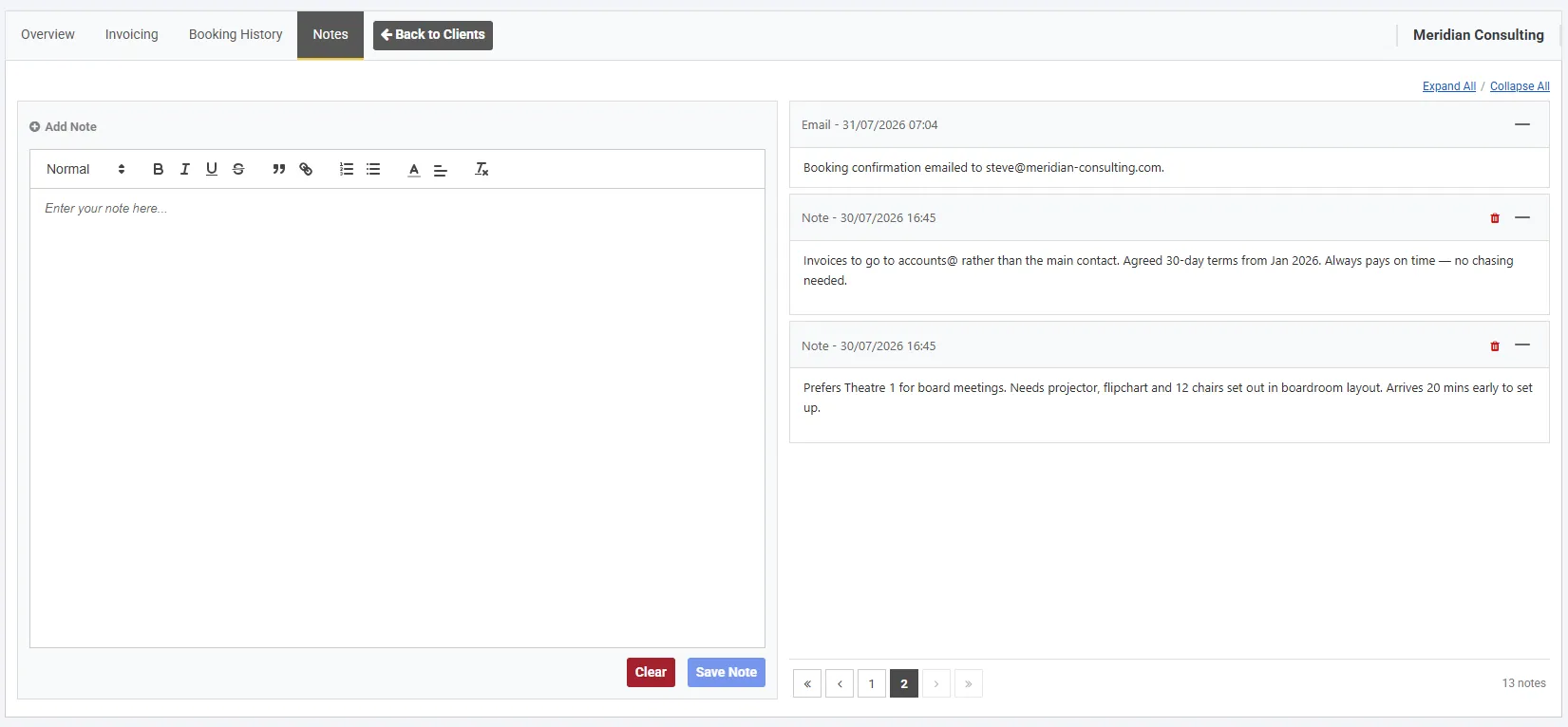 Client notes panel showing contextual notes and activity history on a client record