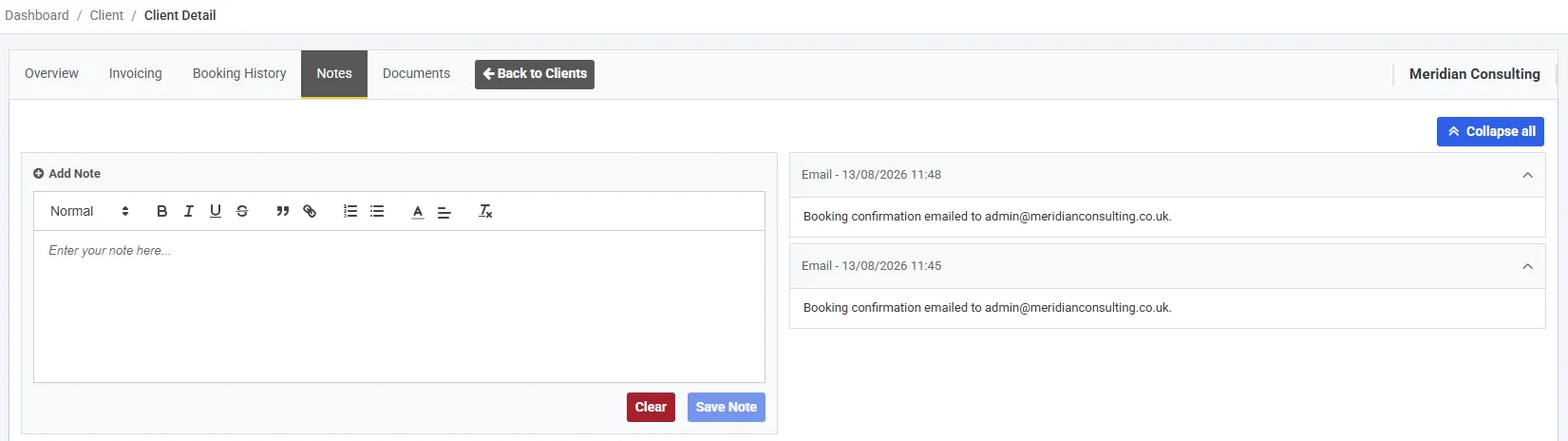 The Notes tab, with the Add Note editor on the left and two automatic email notes on the right.