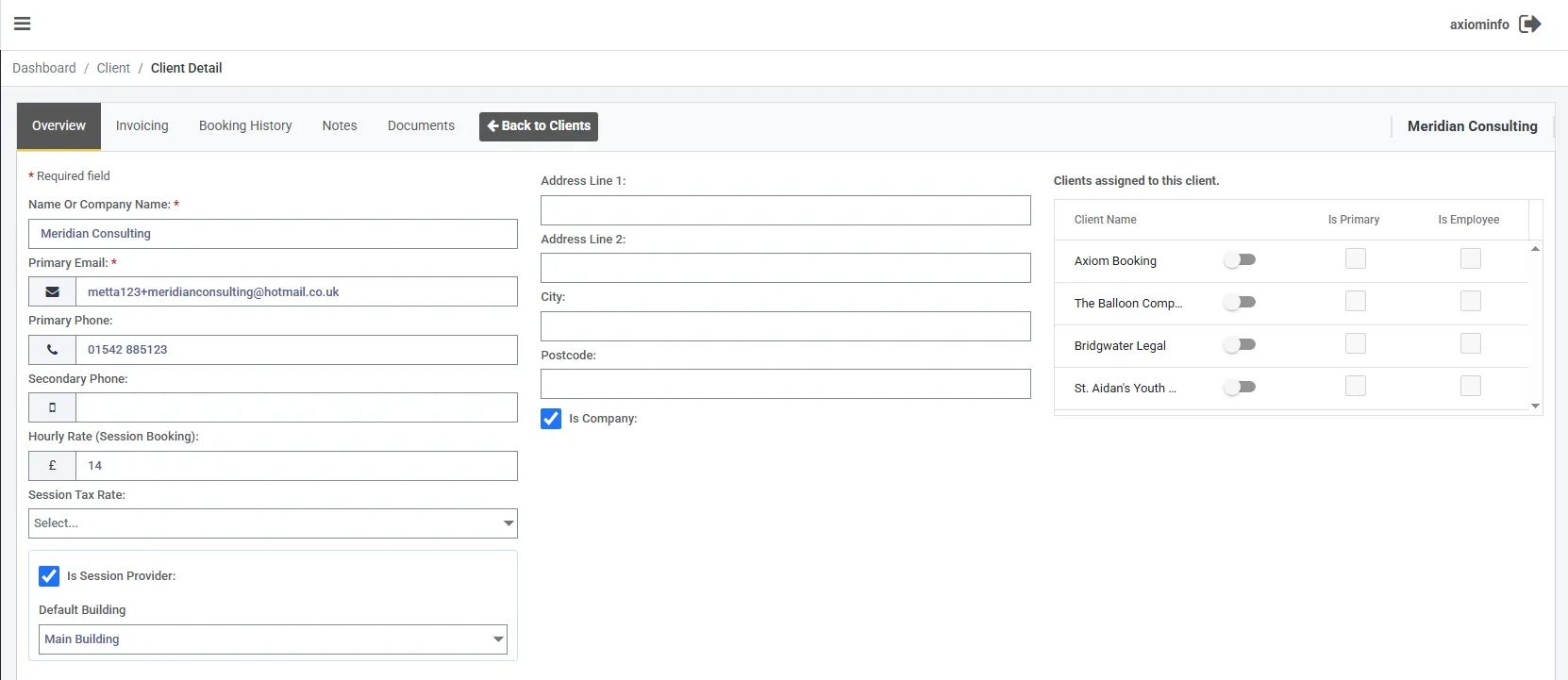 A client's Overview tab, with Is Session Provider ticked and a Default Building chosen.