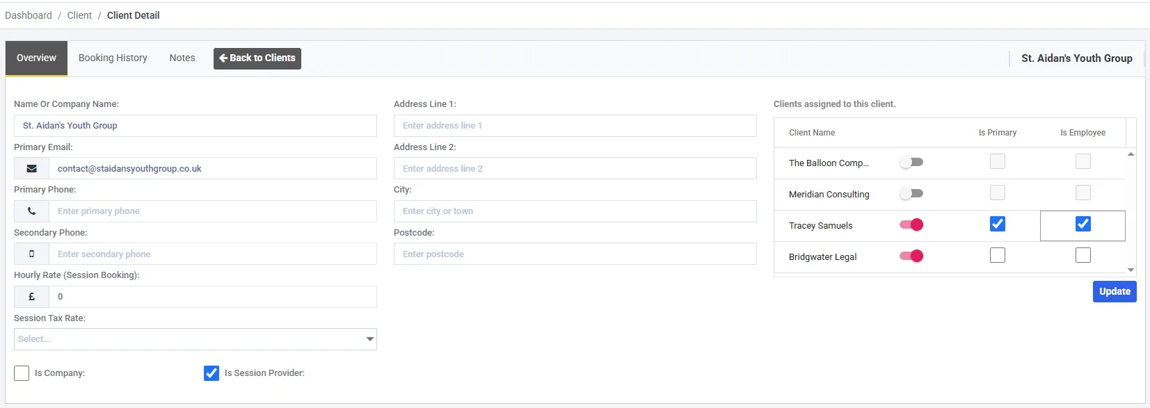 The Client Detail screen with the Is Session Provider checkbox ticked, alongside name, email, hourly rate and session tax rate fields, and a panel listing other clients assigned to this one.