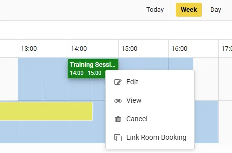 A booking named Training Session on the calendar with a context menu open beside it, listing Edit, View, Cancel and Link Room Booking, each with an icon.