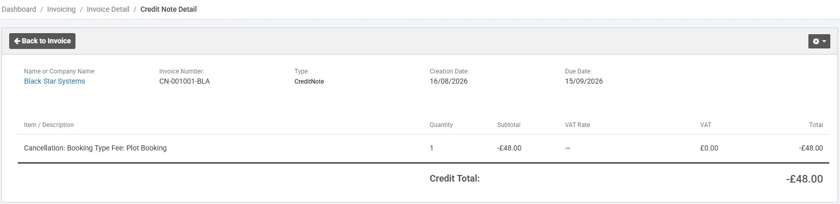 A credit note detail screen. The header shows Black Star Systems, invoice number CN-001001-BLA, type CreditNote, and creation and due dates. A single line reads Cancellation: Booking Type Fee: Plot Booking, quantity 1, subtotal minus £48.00, a dash in the VAT Rate column, £0.00 VAT and a total of minus £48.00. A Credit Total row beneath reads minus £48.00.