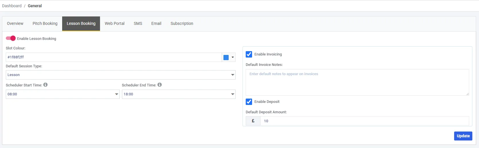 A module tab under Settings → General. On the left, Slot Colour, Default Session Type and Scheduler Start and End Times. On the right, a bordered block containing a ticked Enable Invoicing checkbox, an empty Default Invoice Notes box, a ticked Enable Deposit checkbox and a Default Deposit Amount of £10.