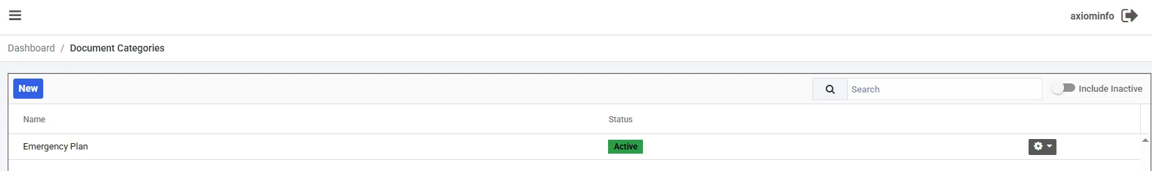 The Document Categories screen, reached from Settings. A New button sits above a list showing one category named Emergency Plan with a green Active status badge.