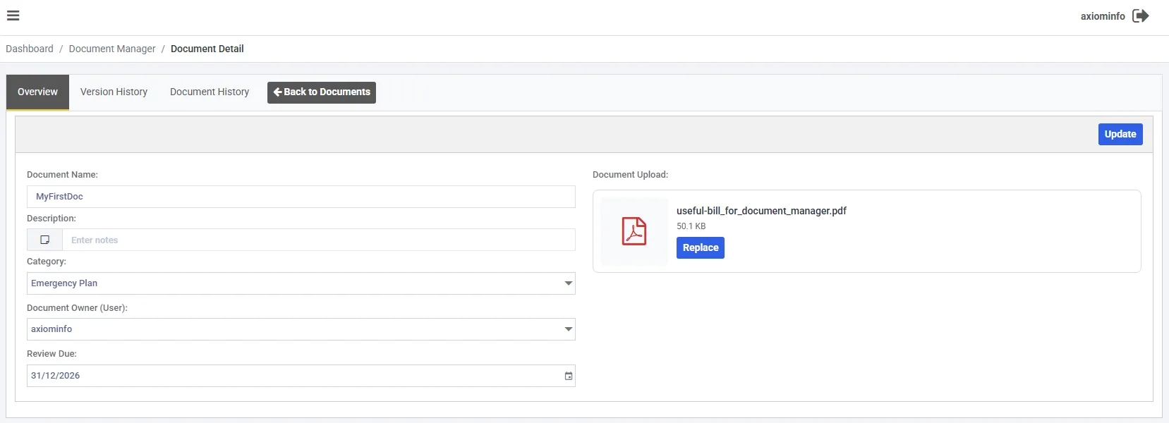 The Overview tab of a document. On the left are Document Name, Description, Category, Document Owner and Review Due fields. On the right a Document Upload panel shows the attached PDF with its size and a Replace button. An Update button sits top right.