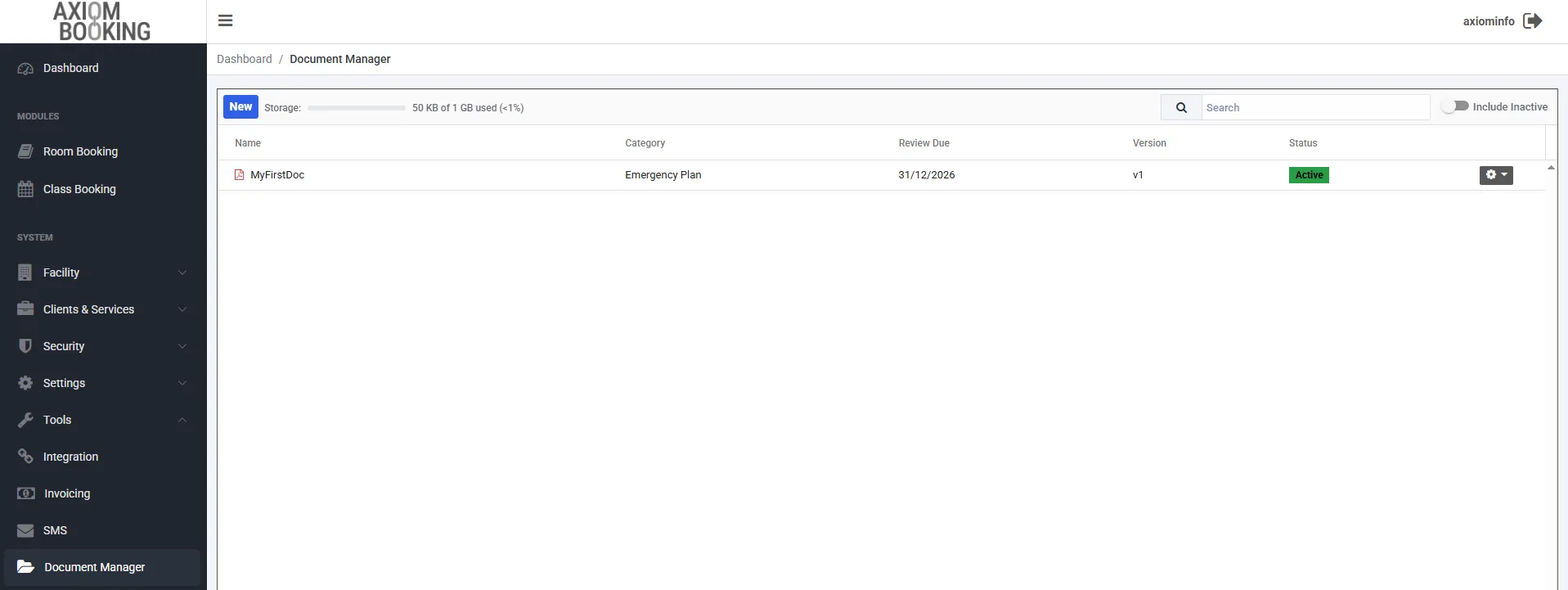 Axiom Booking Document Manager grid listing documents by name, category, review due date, version and status, with the storage allowance shown in the toolbar