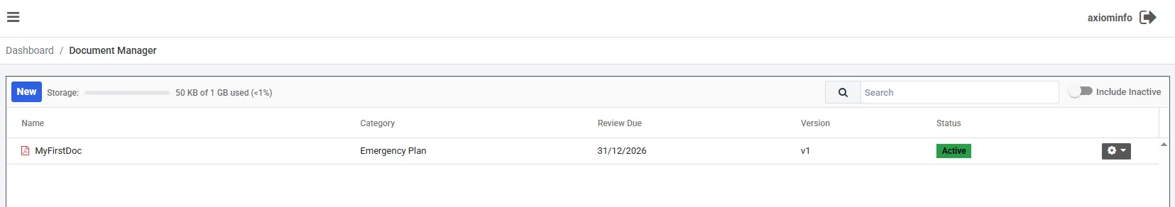The Document Manager grid. A toolbar carries a New button, a storage bar reading 50 KB of 1 GB used, a search box and an Include Inactive toggle. One row is listed with columns for Name, Category, Review Due, Version and Status.