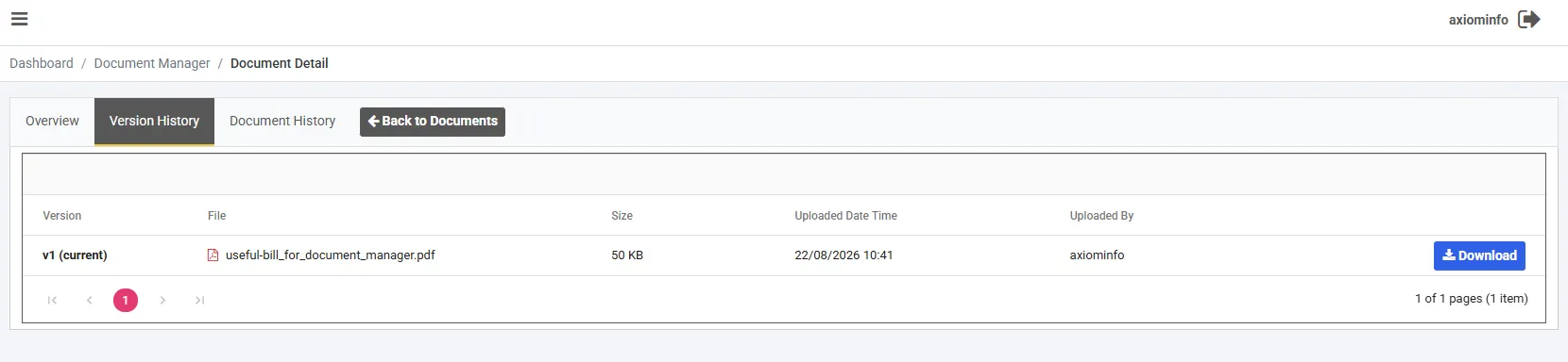 The Version History tab listing versions with columns for Version, File, Size, Uploaded Date Time and Uploaded By, each row carrying a Download button. The row shown is marked v1 (current).