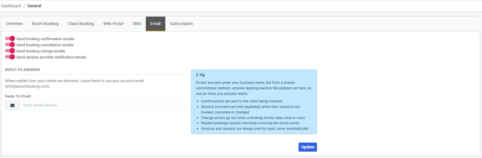 The Email tab of Settings → General. Four toggles are switched on: send booking confirmation, cancellation, change and session provider notification emails. Below them a Reply-To Address section with an empty Reply-To Email field, and a blue Tip panel to the right.