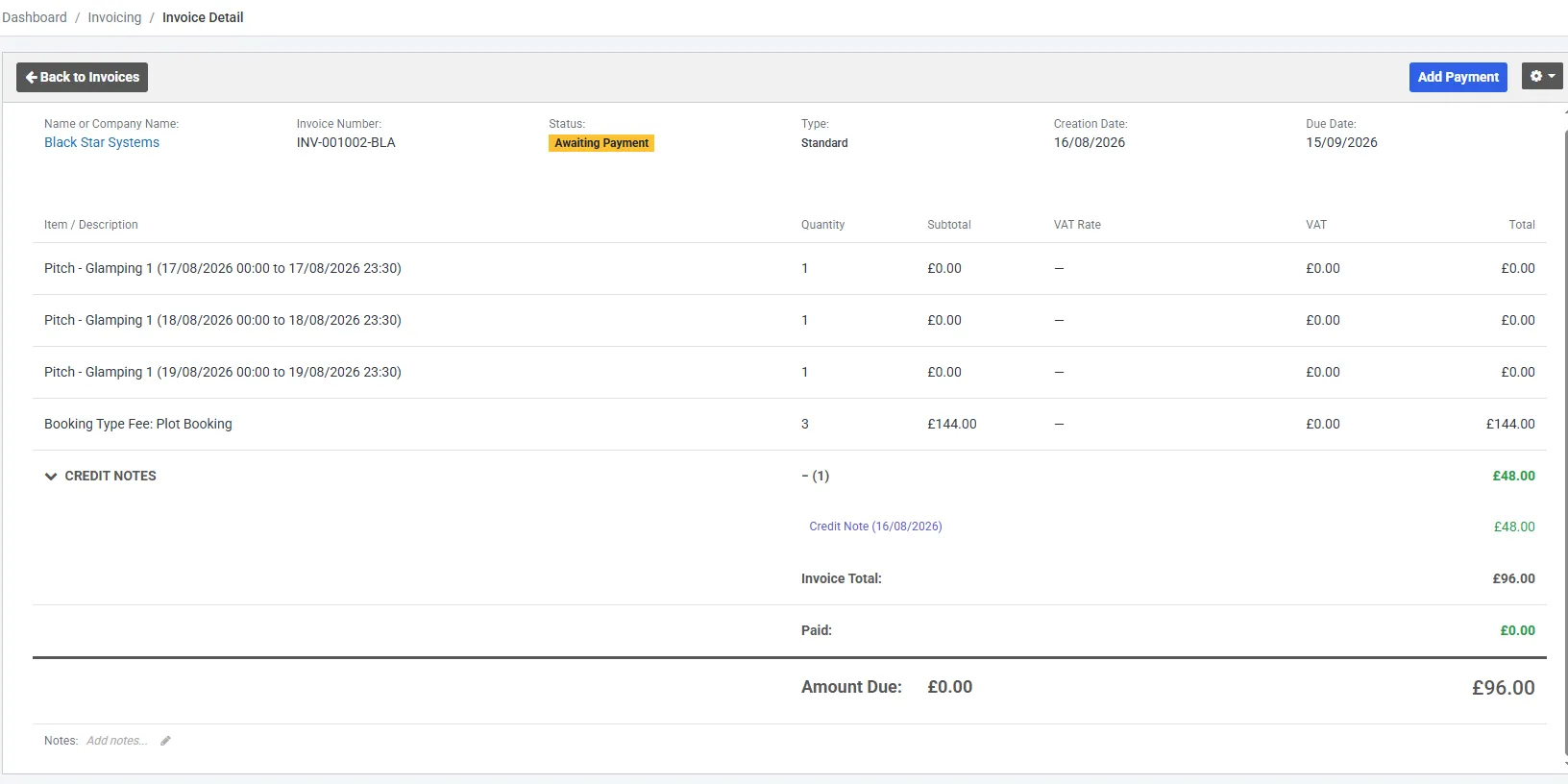 An invoice detail screen, status Awaiting Payment. Three booking lines for the same pitch on three consecutive dates sit at £0.00 each, followed by a Booking Type Fee line of quantity 3 at £144.00. Beneath them an expanded CREDIT NOTES section shows − (1) and £48.00 in green, with a single entry reading Credit Note (16/08/2026) for £48.00. Invoice Total reads £96.00, Paid £0.00 and Amount Due £96.00.