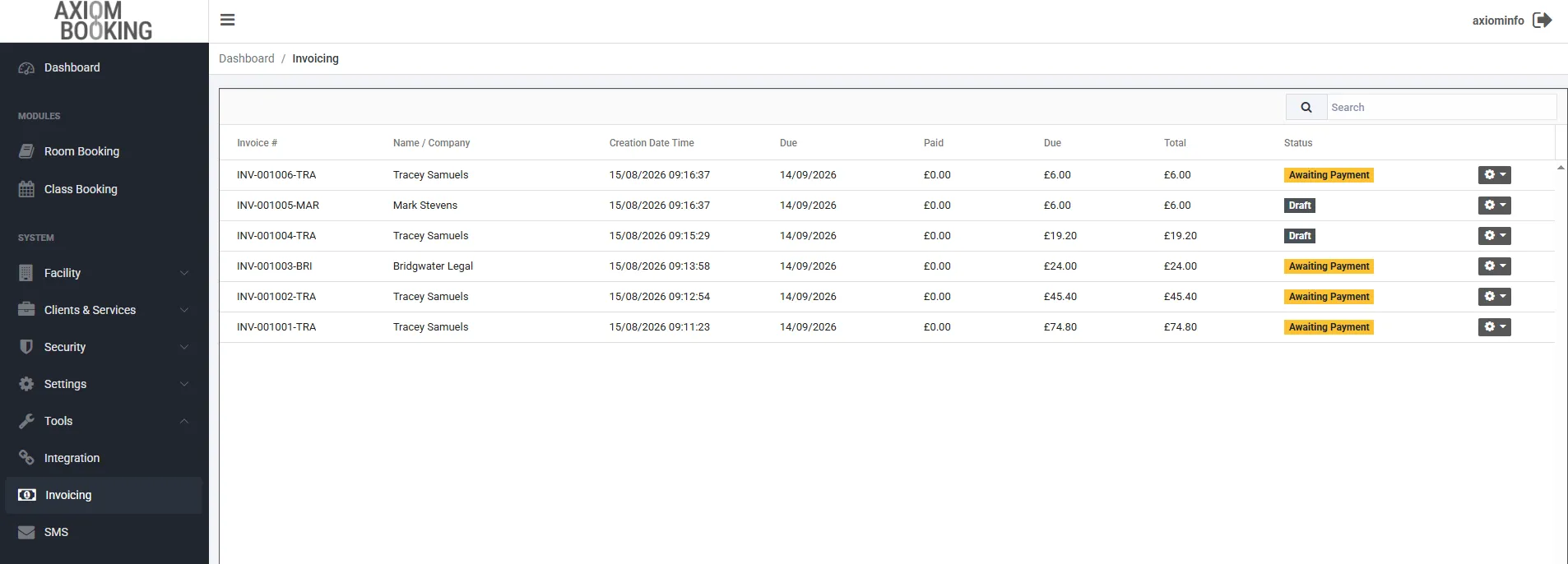 The Invoicing list under Tools. Columns read Invoice number, Name / Company, Creation Date Time, Due, Paid, Due, Total and Status. Six invoices are listed, some tagged Awaiting Payment in amber and some tagged Draft in dark grey.