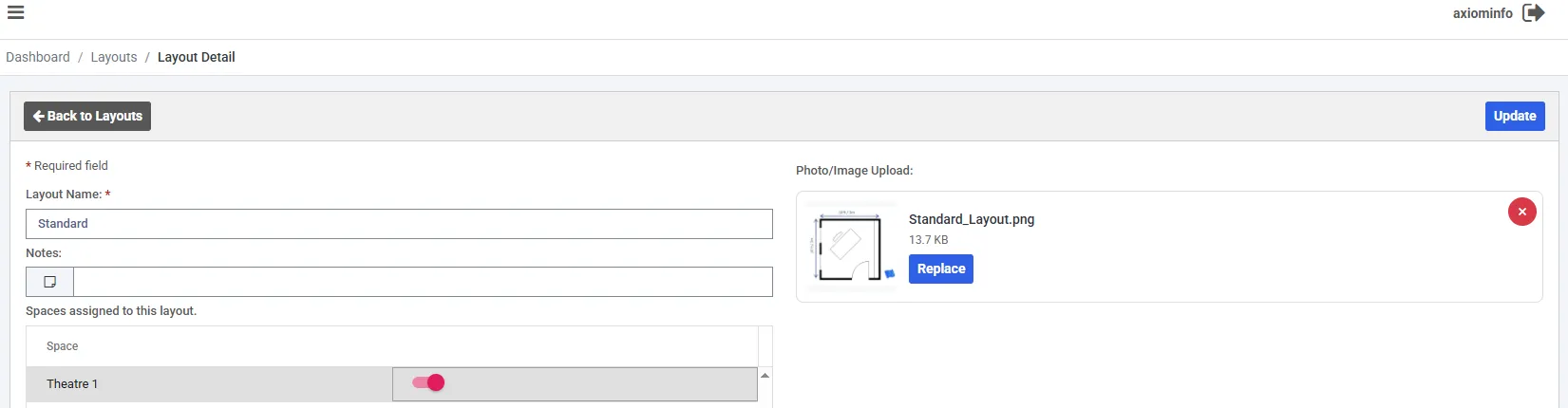 A layout's detail page, with a picture uploaded and one space assigned.