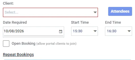Part of a booking panel showing the Client field, Date Required, Start Time and End Time, and beneath them an unticked checkbox labelled Open Booking with the caption: allow portal clients to join.
