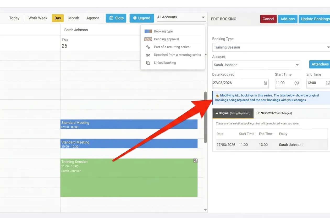 Editing options for a recurring booking series
