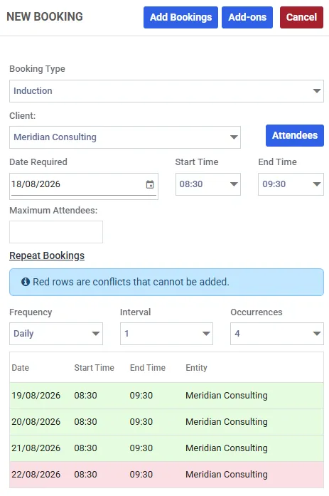 A booking panel with the Repeat Bookings section filled in - Frequency Daily, Interval 1, Occurrences 4 - and a grid below listing four dates. The first three rows are green and the fourth, 22 August, is red.