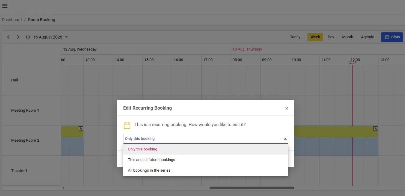 The Edit Recurring Booking dialog over the calendar. It reads: This is a recurring booking. How would you like to edit it? Below is an open dropdown listing Only this booking, This and all future bookings, and All bookings in the series.