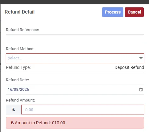 The Refund Detail panel, with Process and Cancel buttons at the top. Fields read Refund Reference, Refund Method set to Select..., Refund Type showing Deposit Refund as fixed text, Refund Date, and Refund Amount. A pink bar at the foot reads: Amount to Refund: £10.00.