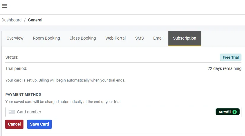 The Payment Method section with the card form open, showing an empty Card number field and Cancel and Save Card buttons below it.