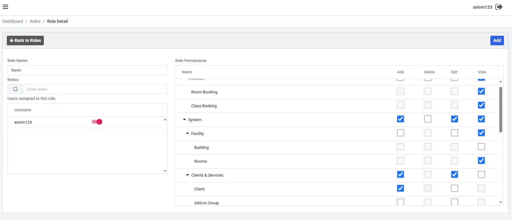 Axiom Booking role permissions screen showing Add, Delete, Edit and View controls per module