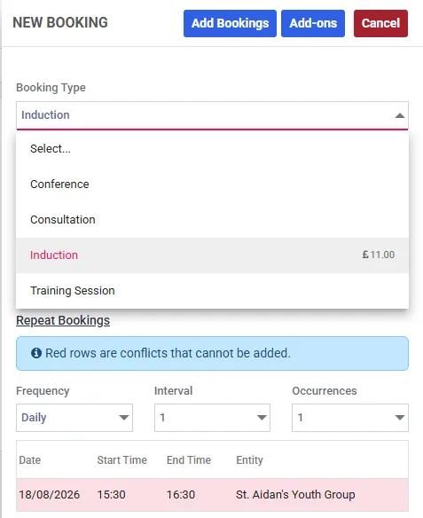The NEW BOOKING panel with the Booking Type dropdown open, listing Select, Conference, Consultation, Induction and Training Session. Induction is highlighted and shows £11.00 on the right-hand side of its row.