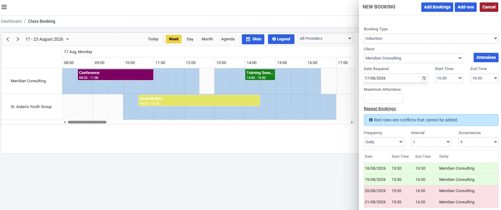 The Class Booking calendar in week view with a NEW BOOKING panel open on the right. Two rows down the left are named Meridian Consulting and St. Aidan's Youth Group. Coloured blocks show bookings named Conference, Training Session and Consultation, over pale blue bands marking bookable time. The toolbar carries an All Providers filter, a Slots button and a Legend button.