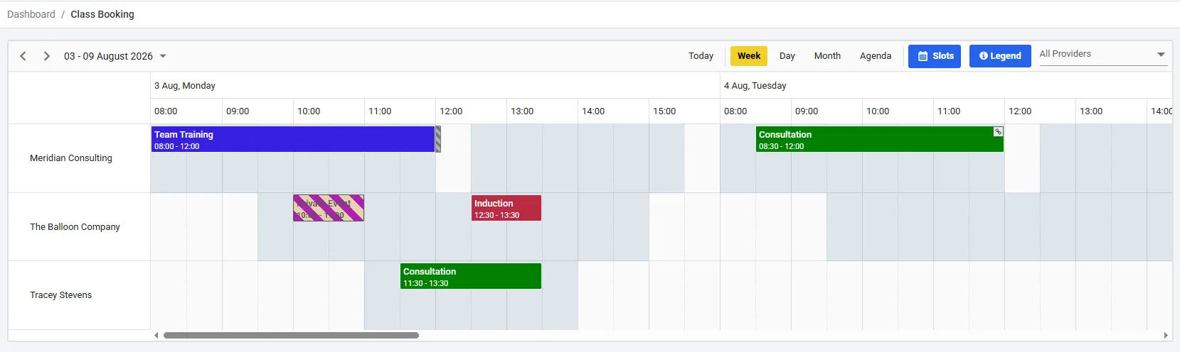 Axiom session scheduling module showing services, attendees and booking slots