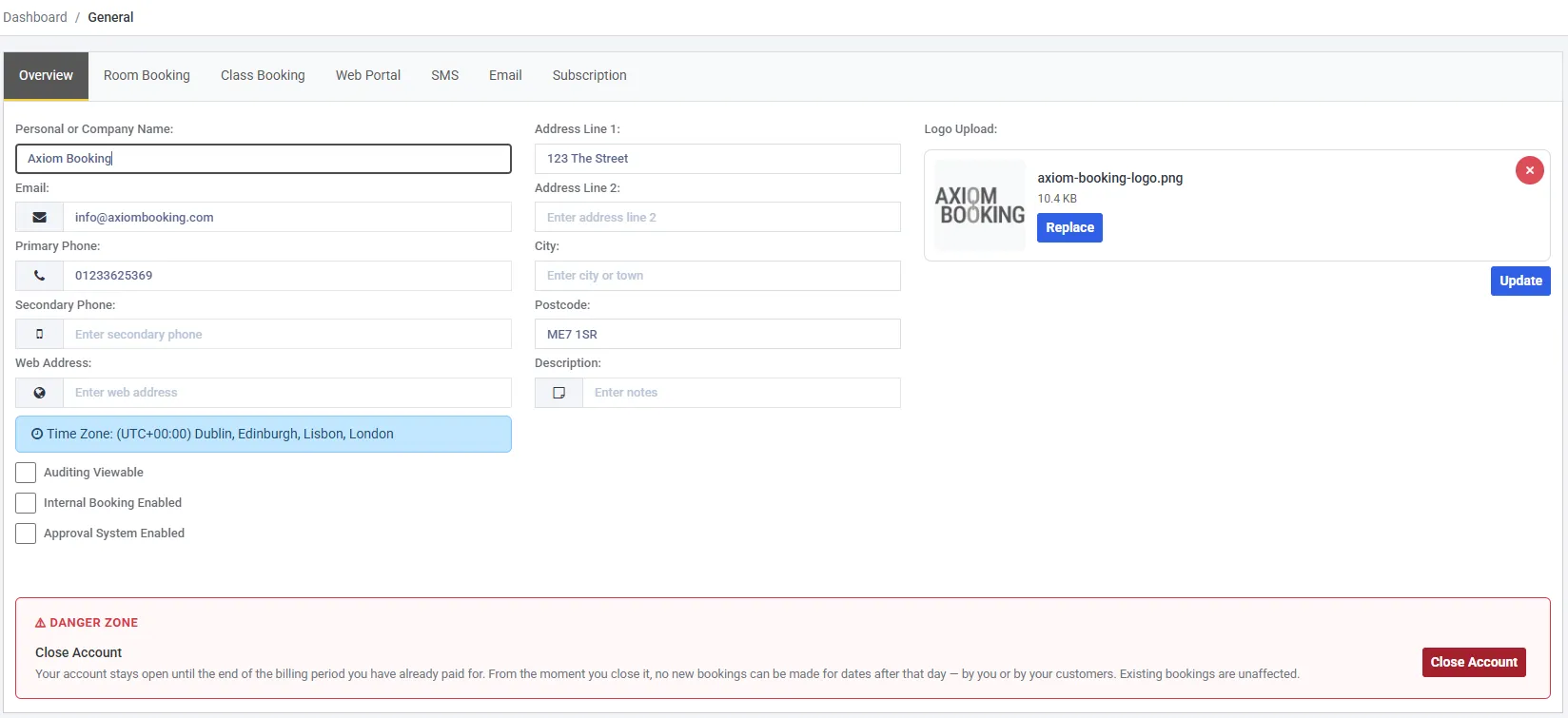 The Overview tab of Settings → General. The left column holds Personal or Company Name, Email, Primary and Secondary Phone and Web Address, followed by a blue Time Zone line and the three checkboxes. The middle column holds the address fields and Description, and the right holds Logo Upload with a Replace button. A red Danger Zone panel sits along the bottom.