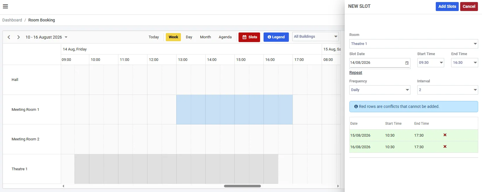 The calendar in slots mode with the Slots button highlighted red, and a NEW SLOT panel open on the right showing Room, Slot Date, Start Time, End Time, a Repeat section with Frequency and Interval, and a grid of generated dates in green.