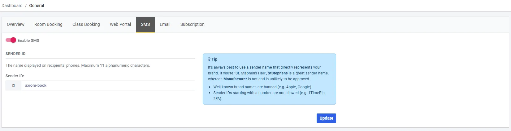 The SMS tab of Settings → General, with Enable SMS switched on, a Sender ID section explaining the 11-character limit and a Sender ID field, and a blue Tip panel giving the sender-name rules.