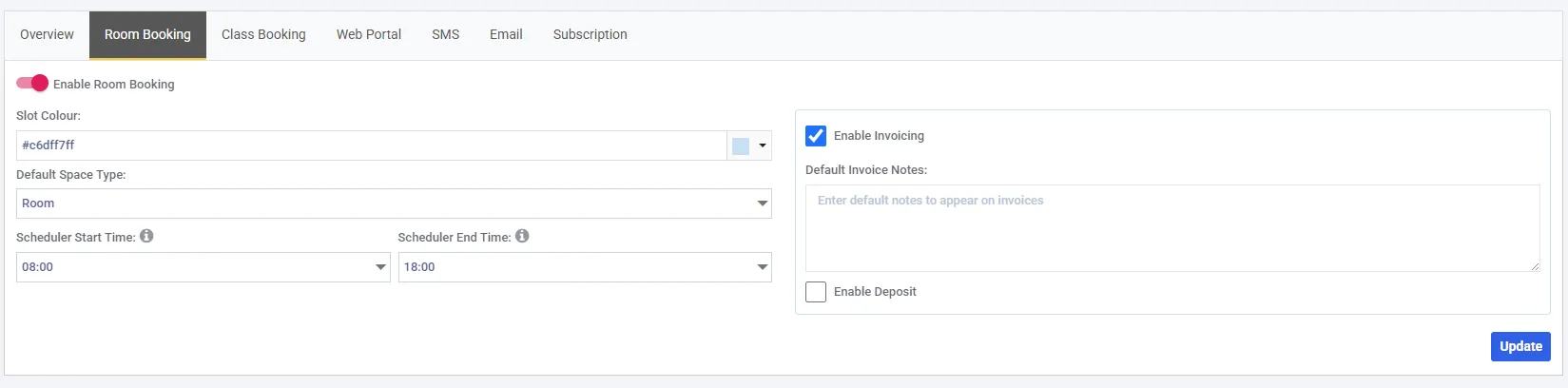 The Room Booking tab. An Enable Room Booking toggle sits at the top, with Slot Colour, Default Space Type and Scheduler Start and End Times of 08:00 and 18:00 on the left, and a bordered panel on the right holding a ticked Enable Invoicing with Default Invoice Notes beneath it and an unticked Enable Deposit.
