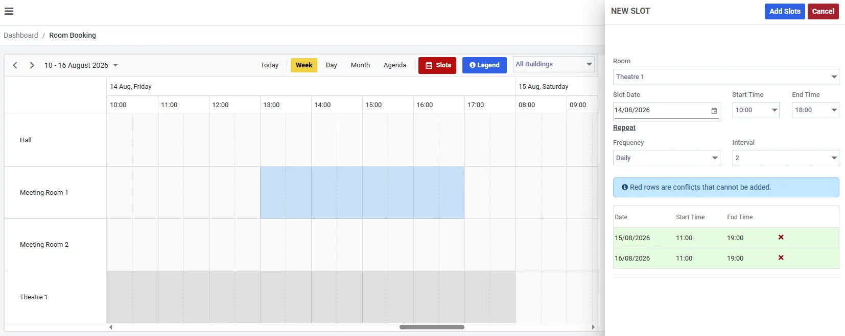The space detail screen, with Room Name, Building, Hourly Rate, Tax Rate, Notes and Capacity filled in, and a panel on the right listing the layouts assigned to the space.