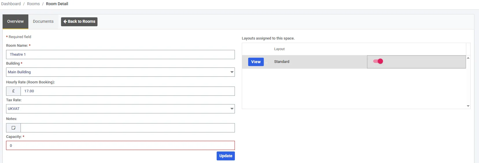 A space's Overview tab, with the Standard layout switched on in its layouts grid.