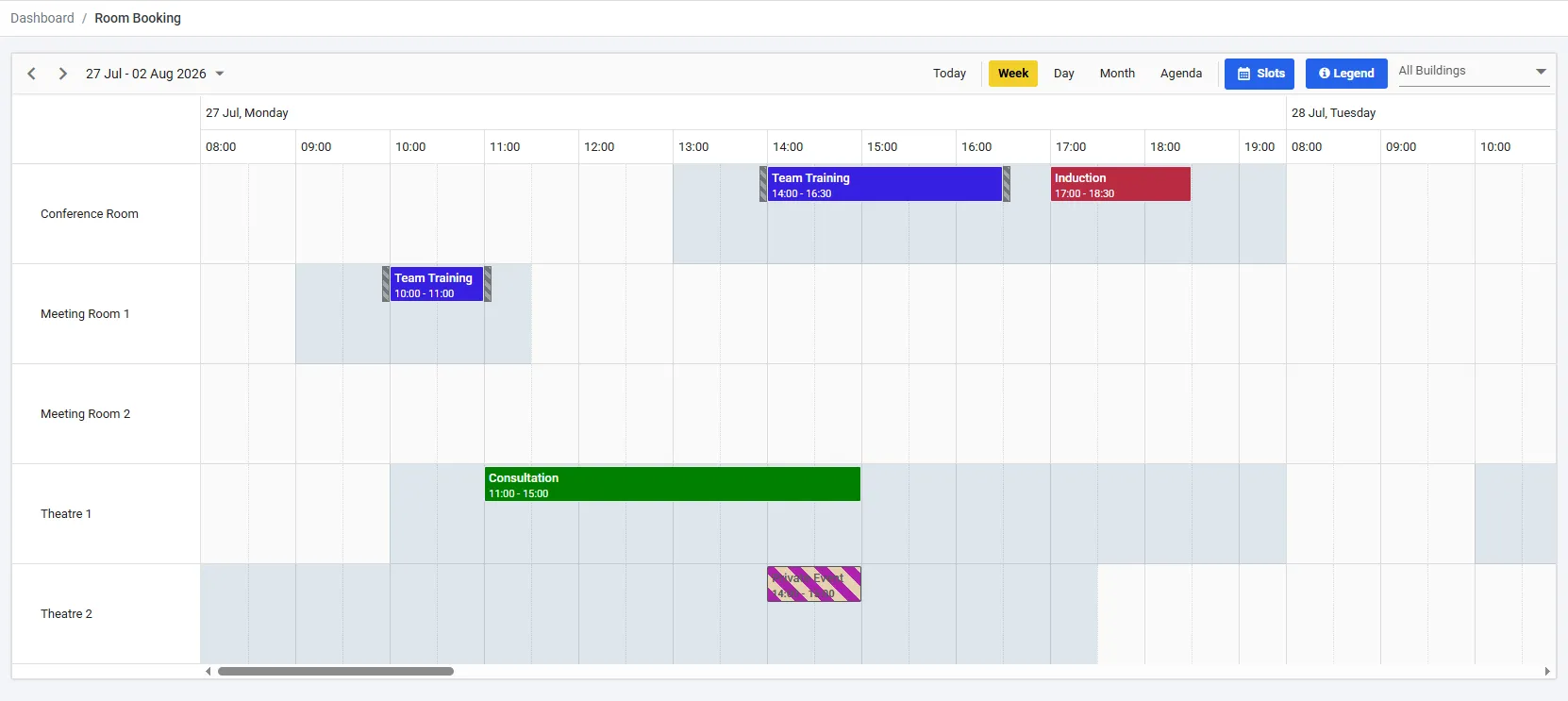 Axiom space scheduling board showing rooms, bookings and real-time availability across the day
