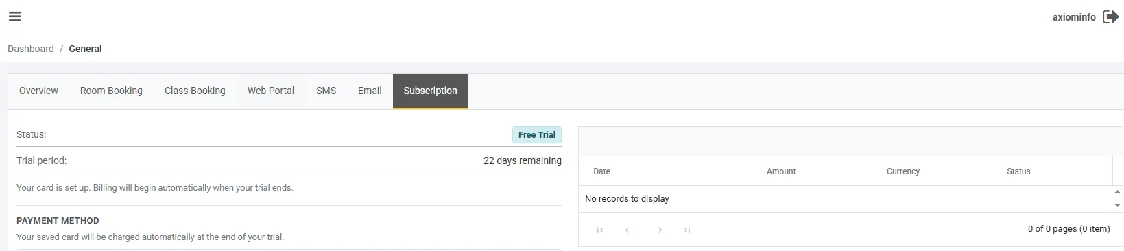 The Subscription tab of Settings → General during a trial. Status reads Free Trial, Trial period reads 22 days remaining, and a line below says the card is set up and billing will begin automatically when the trial ends. The invoice grid on the right reads No records to display.