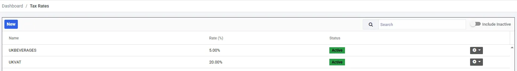 The Tax Rates list. A New button sits top left, with a search box and an Include Inactive toggle on the right. Columns read Name, Rate (%) and Status. Two rows are listed: UKBEVERAGES at 5.00% and UKVAT at 20.00%, both tagged Active in green, each with a gear menu at the end of the row.