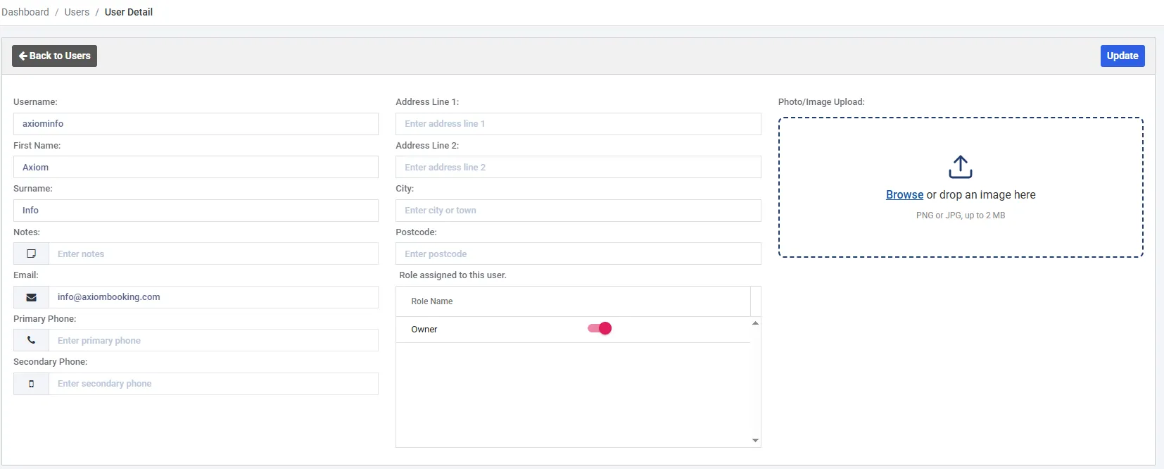 The User Detail form. The left column holds Username, First Name, Surname, Notes, Email and two phone fields. The middle column holds the address fields and a Role Name grid with a single Owner row and its switch turned on. The right column is a Photo/Image Upload drop area accepting PNG or JPG up to 2 MB.