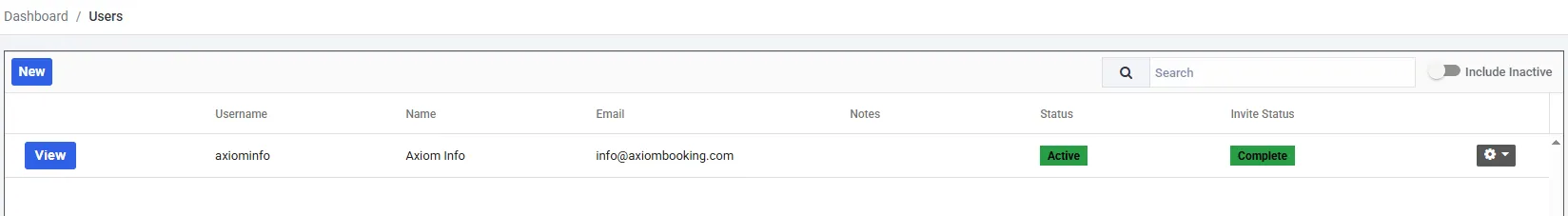 The Users list. A New button and a search box sit above a grid with columns for Username, Name, Email, Notes, Status and Invite Status, showing one user marked Active and Complete. An Include Inactive toggle sits at the top right, switched off.